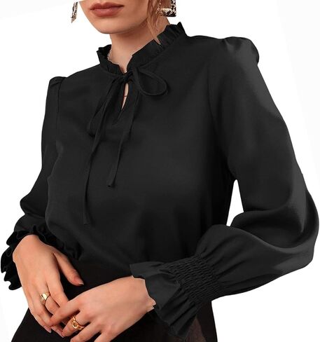 Women's Frill Mock Neck Self Tie Shirred Ruffle Long Sleeve Elegant Blouse in Saudi Arabia