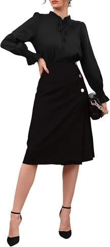 Women's Frill Mock Neck Self Tie Shirred Ruffle Long Sleeve Elegant Blouse in Saudi Arabia