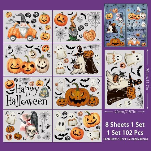 102Pcs Halloween Window Clings Decorations, 8 Sheets Halloween Window Sticker Ghosts Pumpkins for Office Classroom Home Indoor Party Supplies Window Glass Display in Saudi Arabia