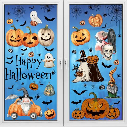 102Pcs Halloween Window Clings Decorations, 8 Sheets Halloween Window Sticker Ghosts Pumpkins for Office Classroom Home Indoor Party Supplies Window Glass Display in Saudi Arabia