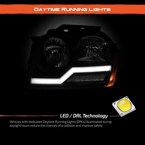 AKKON- Fit 2005 2006 2007 Jeep Grand Cherokee Headlight w/LED Tube DRL Lamp Replacement Driver - Passenger Chrome Housing Pair/Set in Saudi Arabia