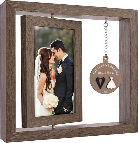 LukieJac Wedding Gifts for Couples 2025,Rustic Rotating Floating Mr and Mrs 4x6 Picture Frame Wedding & Engagement Gifts for Newlyweds, Bridal Shower Present for Bride to Be in Kuwait