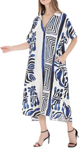 OSTOO Plus Size Women's Floral Print V-Neck Short Sleeve Maxi Dress with Pockets Casual Tropical A-Line Dresses in Kuwait