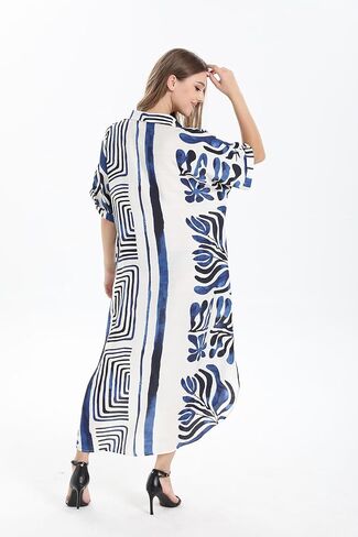 OSTOO Plus Size Women's Floral Print V-Neck Short Sleeve Maxi Dress with Pockets Casual Tropical A-Line Dresses in Kuwait