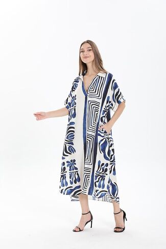 OSTOO Plus Size Women's Floral Print V-Neck Short Sleeve Maxi Dress with Pockets Casual Tropical A-Line Dresses in Kuwait