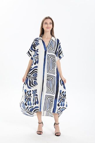 OSTOO Plus Size Women's Floral Print V-Neck Short Sleeve Maxi Dress with Pockets Casual Tropical A-Line Dresses in Kuwait
