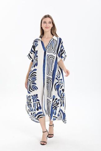 OSTOO Plus Size Women's Floral Print V-Neck Short Sleeve Maxi Dress with Pockets Casual Tropical A-Line Dresses in Kuwait