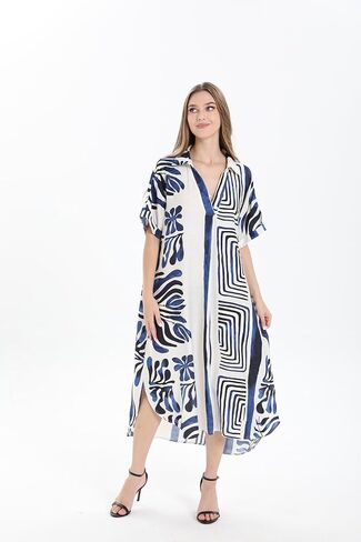 OSTOO Plus Size Women's Floral Print V-Neck Short Sleeve Maxi Dress with Pockets Casual Tropical A-Line Dresses in Kuwait