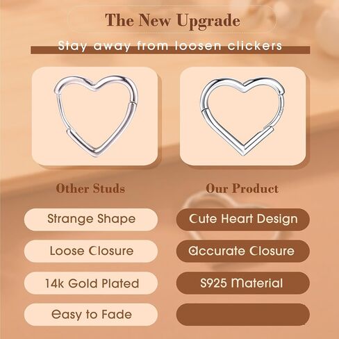 925 Sterling Silver Heart Hoop Earrings for Women 14K Gold Earrings Cute Small Heart Hoops Drop Love Earring Rosegold Lightweight Sleeper Earrings Silver Earrings Women 16MM in Saudi Arabia