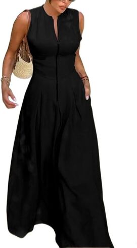 UOOZEE Womens 2024 Casual Sleeveless Zipper Long Dress Summer Beach Maxi Dress with Pockets in Kuwait
