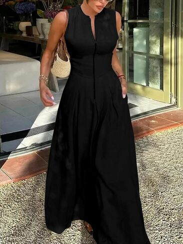 UOOZEE Womens 2024 Casual Sleeveless Zipper Long Dress Summer Beach Maxi Dress with Pockets in Kuwait