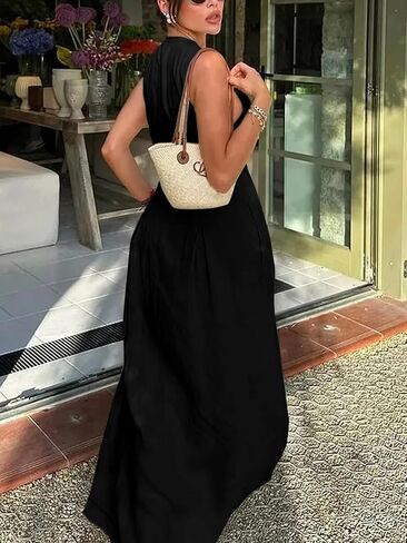UOOZEE Womens 2024 Casual Sleeveless Zipper Long Dress Summer Beach Maxi Dress with Pockets in Kuwait