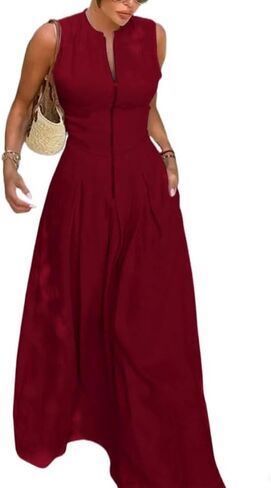 UOOZEE Womens 2024 Casual Sleeveless Zipper Long Dress Summer Beach Maxi Dress with Pockets in Kuwait