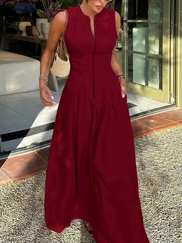 UOOZEE Womens 2024 Casual Sleeveless Zipper Long Dress Summer Beach Maxi Dress with Pockets in Kuwait