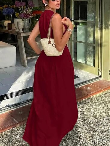 UOOZEE Womens 2024 Casual Sleeveless Zipper Long Dress Summer Beach Maxi Dress with Pockets in Kuwait