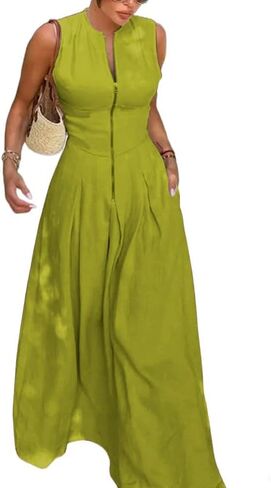 UOOZEE Womens 2024 Casual Sleeveless Zipper Long Dress Summer Beach Maxi Dress with Pockets in Kuwait