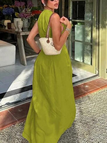 UOOZEE Womens 2024 Casual Sleeveless Zipper Long Dress Summer Beach Maxi Dress with Pockets in Kuwait