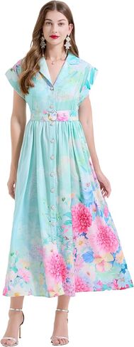 LAI MENG FIVE CATS Women's Summer Lapel V-Neck Floral Print Short Sleeve Button Maxi Dress in Saudi Arabia