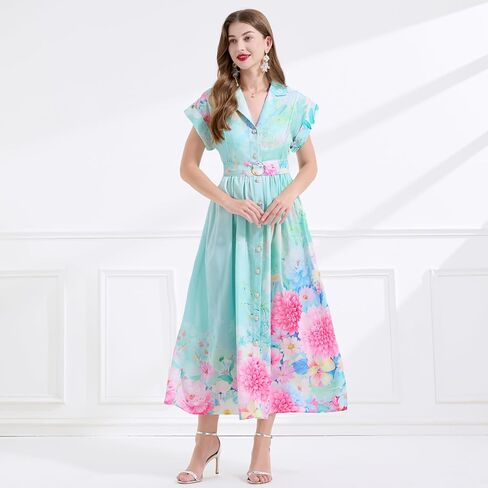 LAI MENG FIVE CATS Women's Summer Lapel V-Neck Floral Print Short Sleeve Button Maxi Dress in Saudi Arabia