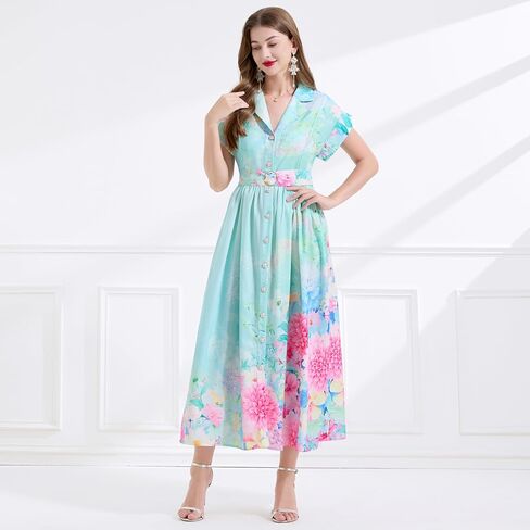 LAI MENG FIVE CATS Women's Summer Lapel V-Neck Floral Print Short Sleeve Button Maxi Dress in Saudi Arabia