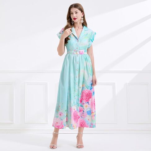 LAI MENG FIVE CATS Women's Summer Lapel V-Neck Floral Print Short Sleeve Button Maxi Dress in Saudi Arabia