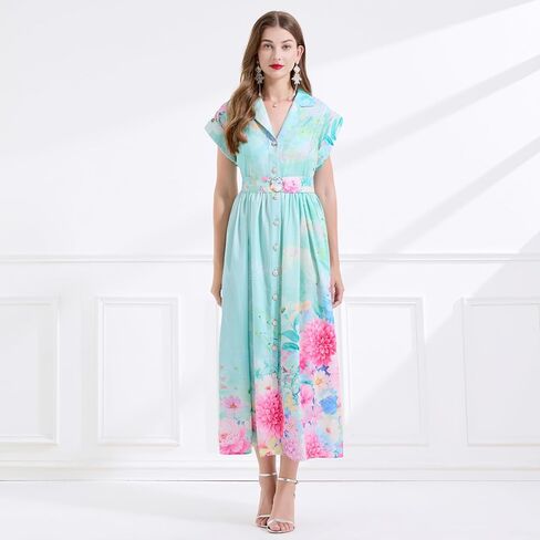 LAI MENG FIVE CATS Women's Summer Lapel V-Neck Floral Print Short Sleeve Button Maxi Dress in Saudi Arabia