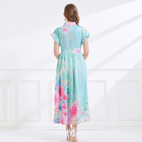 LAI MENG FIVE CATS Women's Summer Lapel V-Neck Floral Print Short Sleeve Button Maxi Dress in Saudi Arabia