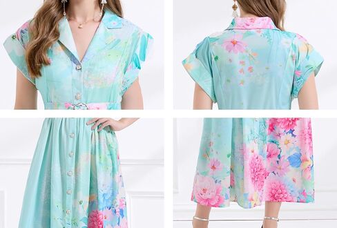 LAI MENG FIVE CATS Women's Summer Lapel V-Neck Floral Print Short Sleeve Button Maxi Dress in Saudi Arabia