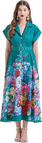 LAI MENG FIVE CATS Women's Summer Lapel V-Neck Floral Print Short Sleeve Button Maxi Dress in Saudi Arabia