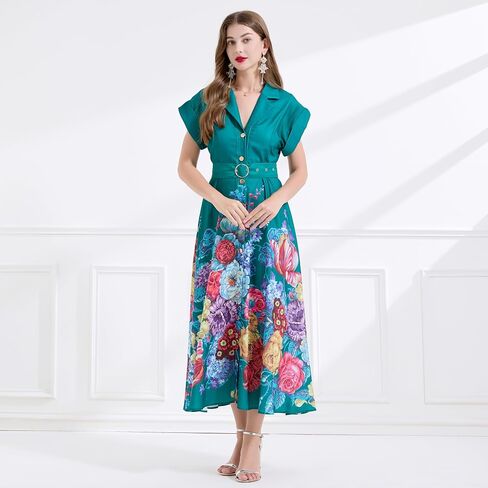 LAI MENG FIVE CATS Women's Summer Lapel V-Neck Floral Print Short Sleeve Button Maxi Dress in Saudi Arabia