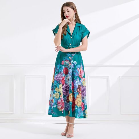 LAI MENG FIVE CATS Women's Summer Lapel V-Neck Floral Print Short Sleeve Button Maxi Dress in Saudi Arabia