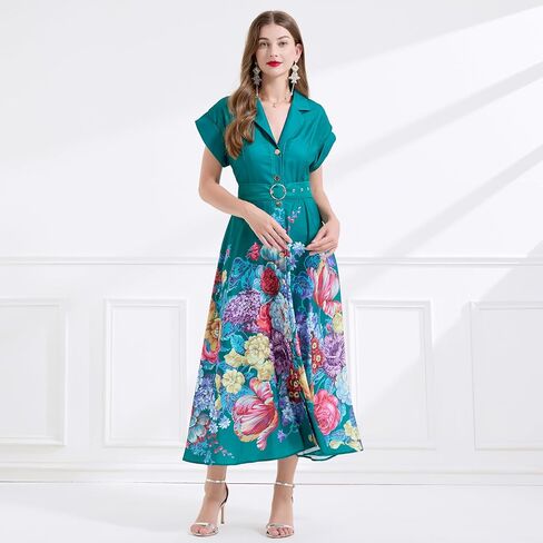 LAI MENG FIVE CATS Women's Summer Lapel V-Neck Floral Print Short Sleeve Button Maxi Dress in Saudi Arabia