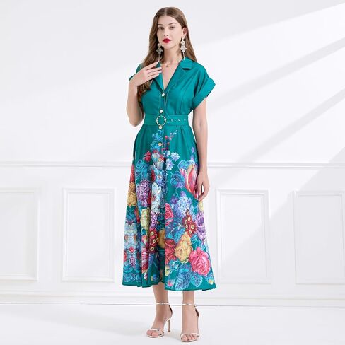 LAI MENG FIVE CATS Women's Summer Lapel V-Neck Floral Print Short Sleeve Button Maxi Dress in Saudi Arabia