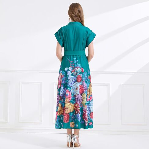 LAI MENG FIVE CATS Women's Summer Lapel V-Neck Floral Print Short Sleeve Button Maxi Dress in Saudi Arabia