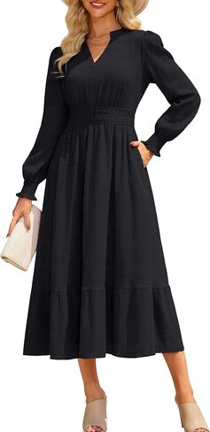 GRACE KARIN Women's Puff Long Sleeve V Neck Smocked Maxi Dress Tiered A-line Spring Fall Flowy Long Dress with Pockets in Saudi Arabia