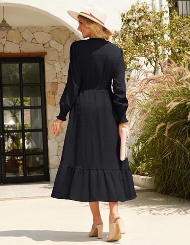 GRACE KARIN Women's Puff Long Sleeve V Neck Smocked Maxi Dress Tiered A-line Spring Fall Flowy Long Dress with Pockets in Saudi Arabia