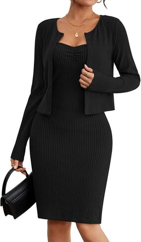 Sovoyontee المرأة الخريف متماسكة سترة فستان مجموعة Bodycon فساتين متوسطة الطول كم طويل اقتصاص سترة 2 قطعة وتتسابق in Kuwait