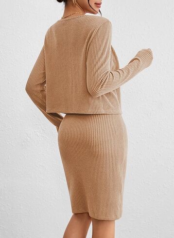 Sovoyontee المرأة الخريف متماسكة سترة فستان مجموعة Bodycon فساتين متوسطة الطول كم طويل اقتصاص سترة 2 قطعة وتتسابق in Saudi Arabia