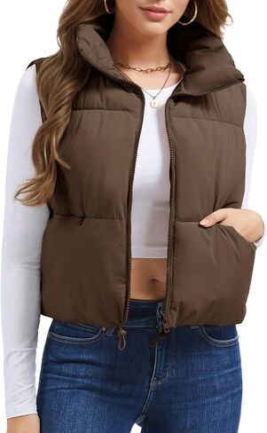 MAGCOMSEN Women's Cropped Puffer Vest Lightweight Zip Up Stand Collar Winter Fashion Outerwear Sleeveless Padded Gilet in Saudi Arabia
