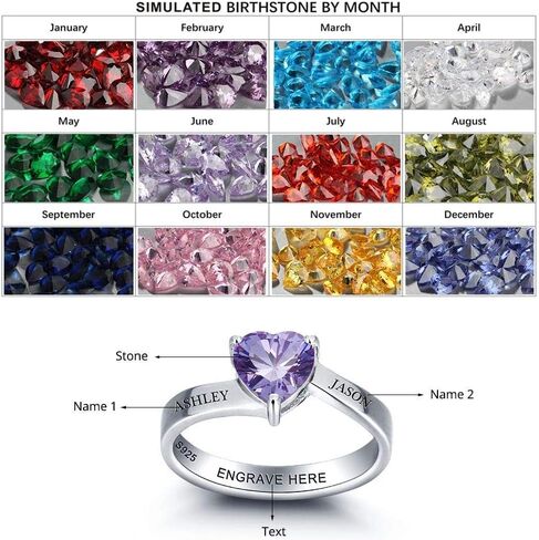 GLAMCARAT خاتم من الفضة الإسترليني على شكل قلب مخصص للأم مع 1 جوهرة ميلاد على شكل قلب محفور عليه اسم مخصص in Kuwait