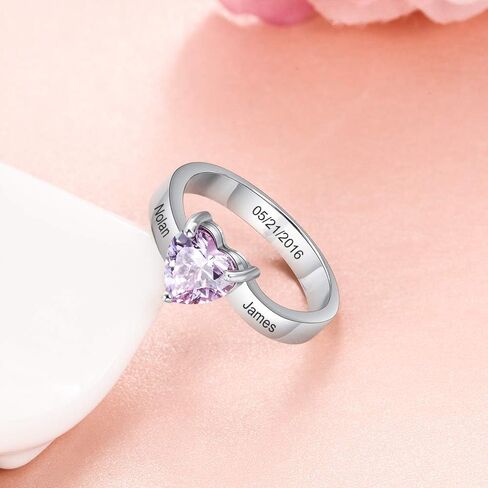 GLAMCARAT خاتم من الفضة الإسترليني على شكل قلب مخصص للأم مع 1 جوهرة ميلاد على شكل قلب محفور عليه اسم مخصص in Kuwait