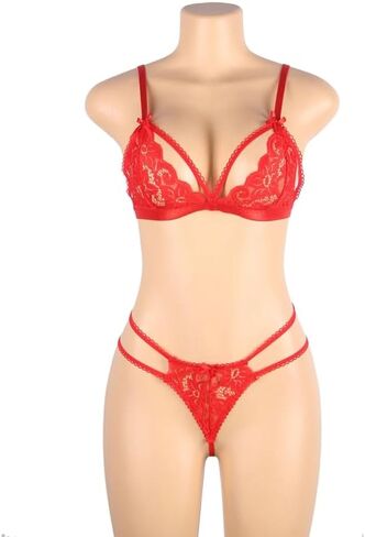 Women Lace Lingerie Set 3 Piece, Bra 9-Shaped Back Closure, Floral Lace Thong, Heart Cut-Out Garter Belt Outfits in Saudi Arabia