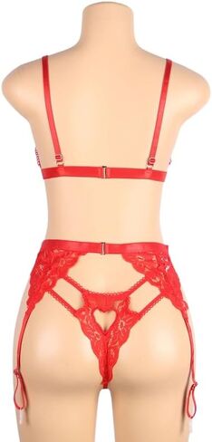 Women Lace Lingerie Set 3 Piece, Bra 9-Shaped Back Closure, Floral Lace Thong, Heart Cut-Out Garter Belt Outfits in Saudi Arabia