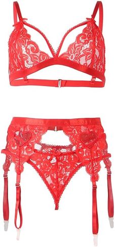Women Lace Lingerie Set 3 Piece, Bra 9-Shaped Back Closure, Floral Lace Thong, Heart Cut-Out Garter Belt Outfits in Saudi Arabia