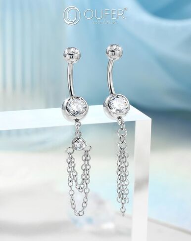 OUFER 316L Stainless Steel Belly Button Ring, 14G Chain Dangle with CZ Crystal Navel Belly Rings for Women, 10MM Navel Piercing Jewelry, Body Piercing Jewelry Barbells in Saudi Arabia