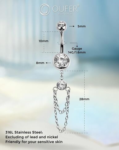 OUFER 316L Stainless Steel Belly Button Ring, 14G Chain Dangle with CZ Crystal Navel Belly Rings for Women, 10MM Navel Piercing Jewelry, Body Piercing Jewelry Barbells in Saudi Arabia