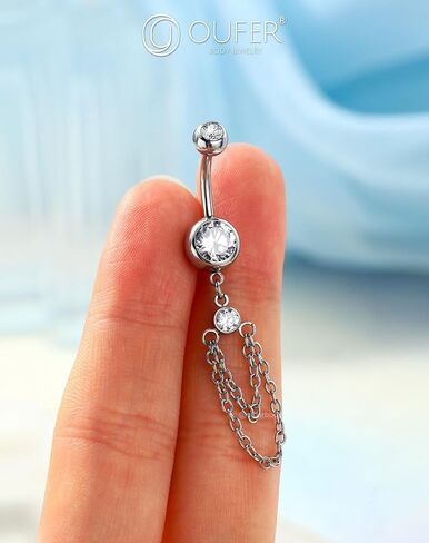 OUFER 316L Stainless Steel Belly Button Ring, 14G Chain Dangle with CZ Crystal Navel Belly Rings for Women, 10MM Navel Piercing Jewelry, Body Piercing Jewelry Barbells in Saudi Arabia