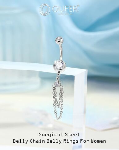 OUFER 316L Stainless Steel Belly Button Ring, 14G Chain Dangle with CZ Crystal Navel Belly Rings for Women, 10MM Navel Piercing Jewelry, Body Piercing Jewelry Barbells in Saudi Arabia