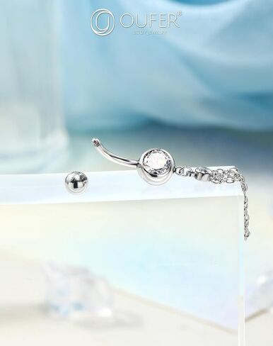 OUFER 316L Stainless Steel Belly Button Ring, 14G Chain Dangle with CZ Crystal Navel Belly Rings for Women, 10MM Navel Piercing Jewelry, Body Piercing Jewelry Barbells in Saudi Arabia