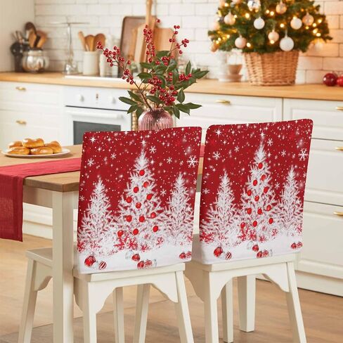 Christmas Tree Chair Back Covers Set of 4, 19x20in, White Xmas Tree Balls Winter Snowflakes Red Removable Dining Seat Cover Washable Kitchen Chair Slipcovers Protective for Christmas Party in Kuwait